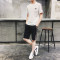 2018夏季运动套装韩版T恤上衣潮流九分裤男 2XL 黑色短裤套装