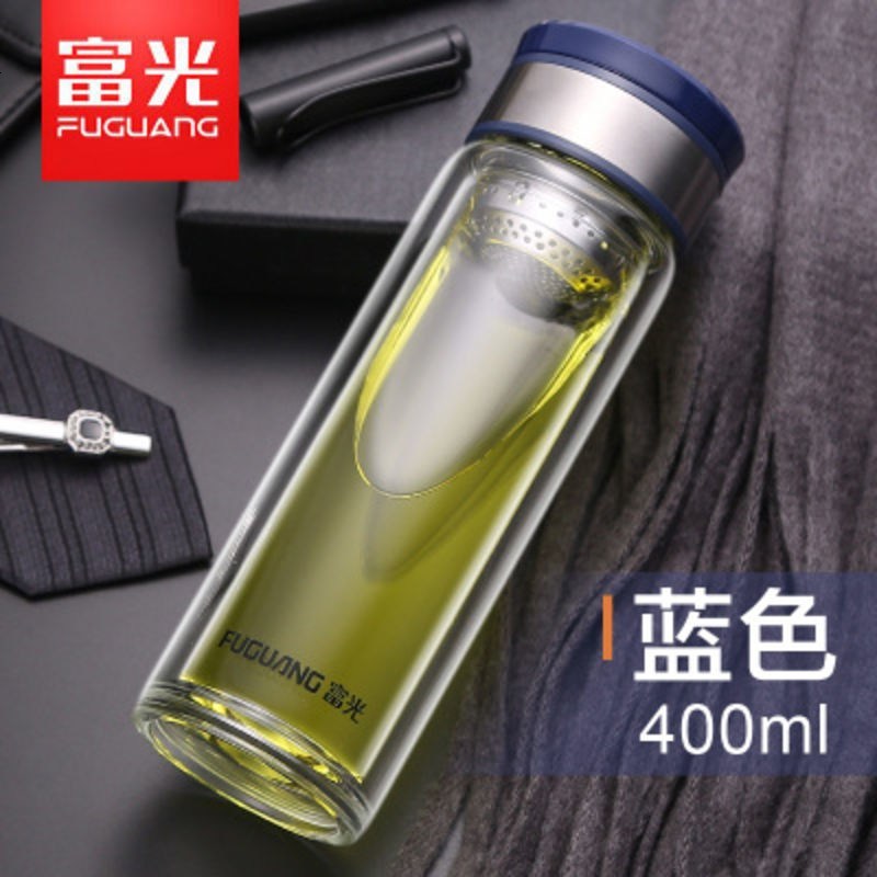 富光双层玻璃杯男便携水杯商务泡茶杯定制过滤耐热车载杯子带提手 400ml蓝色