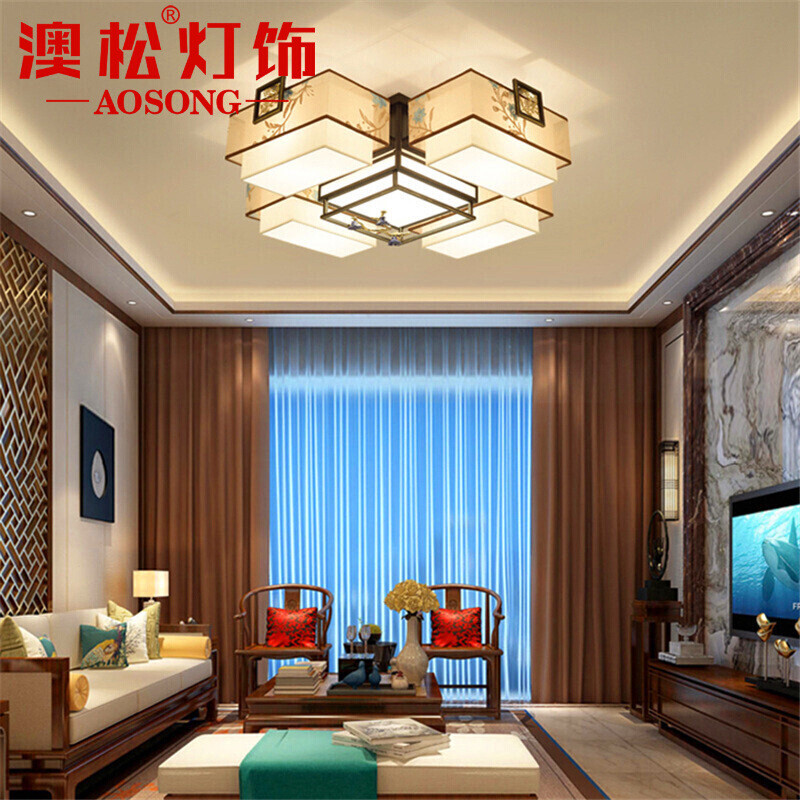 澳松 新中式吸灯 中国风圆形客厅灯餐厅灯卧室书房家用轻奢大气刺绣家用灯具古典茶楼包厢酒店工程 4+1头大号90*90CM合适10-18平方