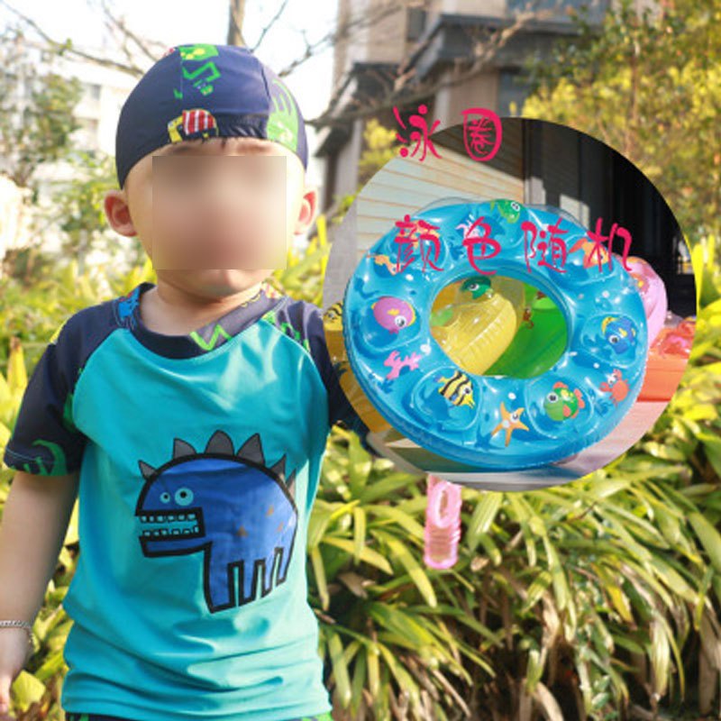 儿童泳衣男宝宝男孩小中大男童温泉泳装分体泳裤泳帽游泳圈可爱卡通恐龙夏天泳衣婴童泳装 L建议身高95-105cm 蓝龙+泳圈（颜色随机）