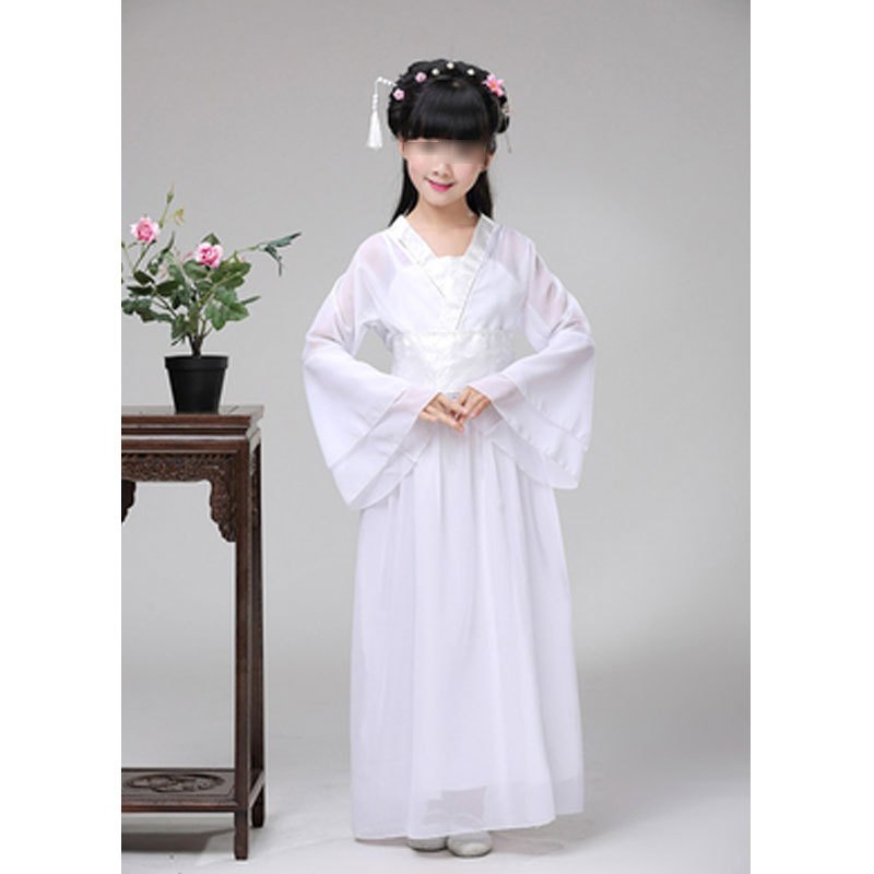 儿童古装服汉服女童唐装裙子摄影写真服古筝表演服通用服装裙子复古简约小朋友婴童裙子 150cm 白色