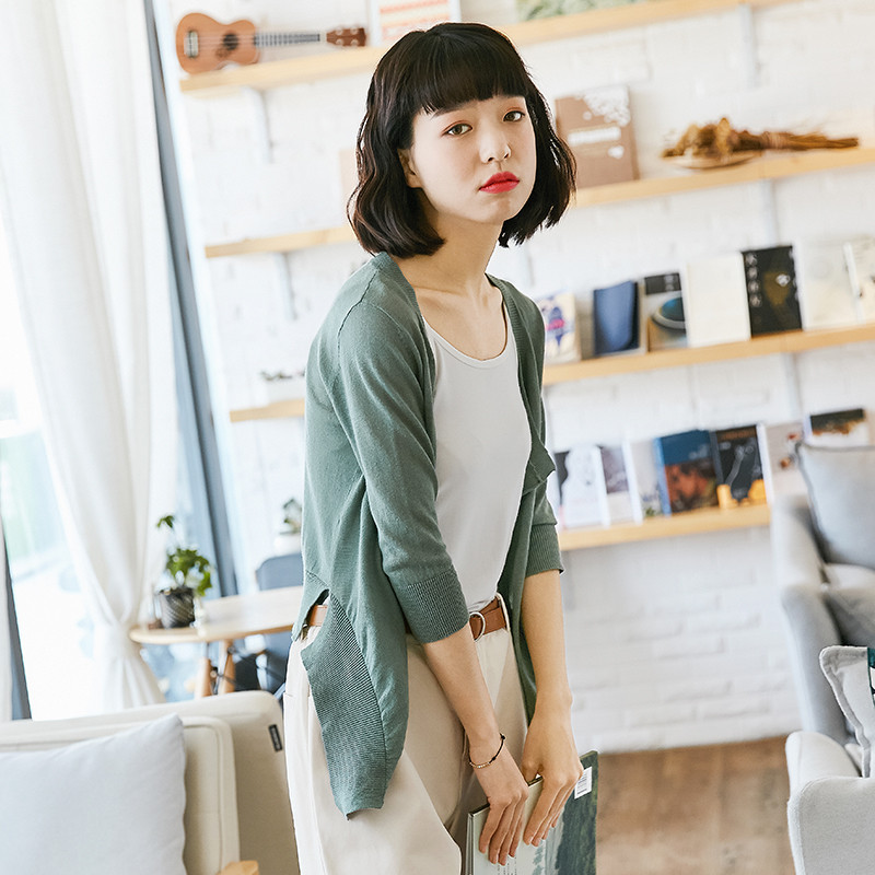 素缕夏装2018新款女文艺棉麻针织衫薄款外搭修身开衫SL411034栐 XL 麻灰绿