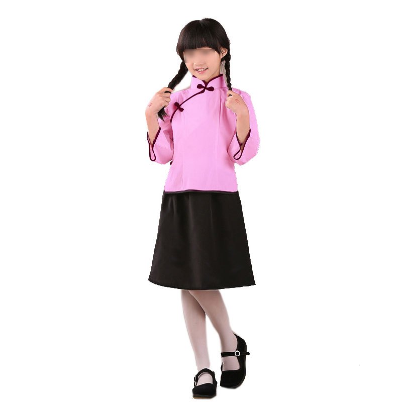 儿童小朋友学生装女合唱服青少年毕业季摄影服装中山装表演服男童通用套装简约婴童套装 110cm 粉红色-上衣+裙子