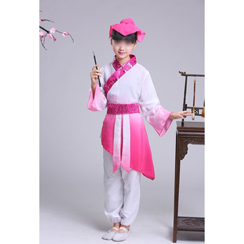 古装服装儿童汉服幼儿国学弟子规男表演服女童三字经书童演出服装通用套装简约婴童套装 160cm 红色-渐变腰带款