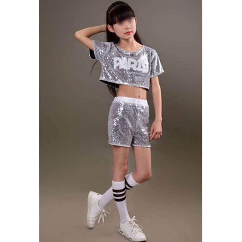儿童爵士舞服套装六一亮片啦啦队嘻哈演出服装女男童街舞现代舞服通用套装简约婴童套装 170cm 银色白袜
