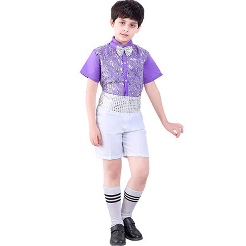 六一学生合唱服幼儿园小朋友表演服装儿童小男孩演出服男童舞蹈服通用套装简约婴童套装 130cm 男紫色亮片背带裤