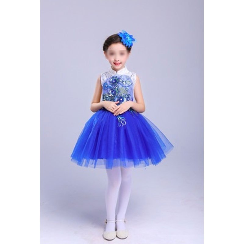 六一儿童合唱服女童蓬蓬纱裙演出服少儿诗歌朗诵服装背带裤表演服夏季洋气通用裙子 130cm 宝蓝色(凤尾女）