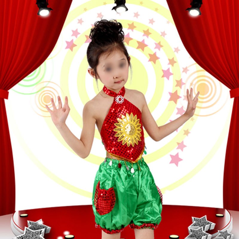 六一儿童节表演服幼儿舞蹈服装男童腰鼓少儿幼儿园小朋友女童演出服通用简约小清新婴童套装 130cm 红肚兜+绿裤子