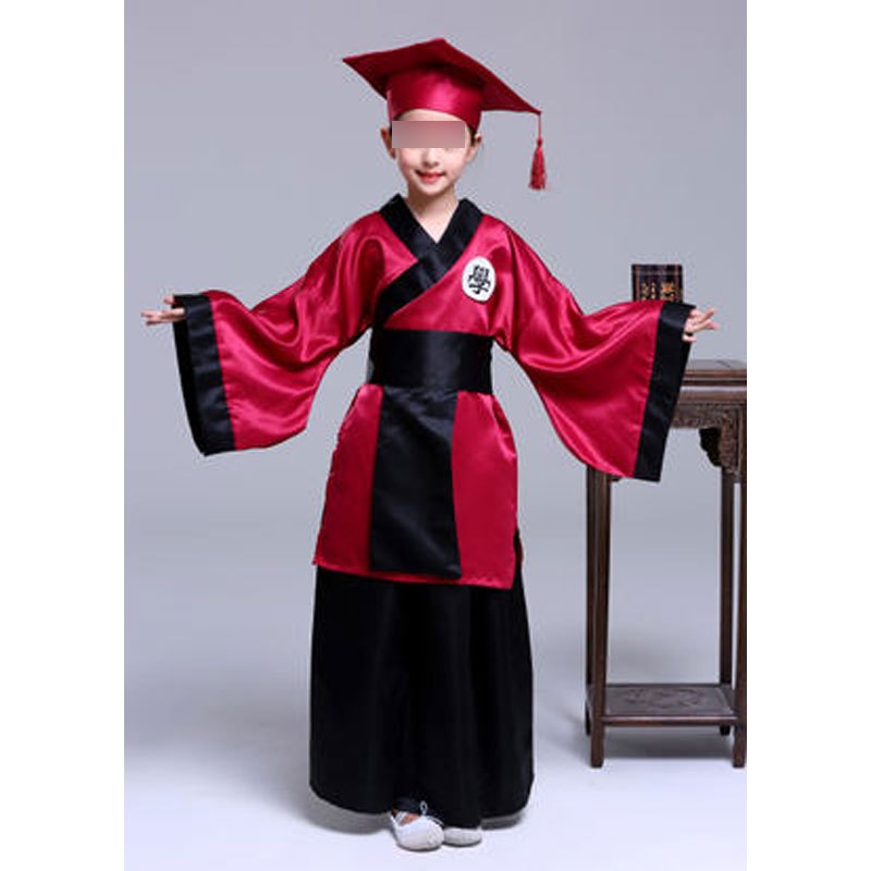 六一儿童演出服汉服男童古装三字经书童女幼儿园小孩表演服装可爱创意萌趣儿童舞台演出服 100cm 酒红上衣博士款