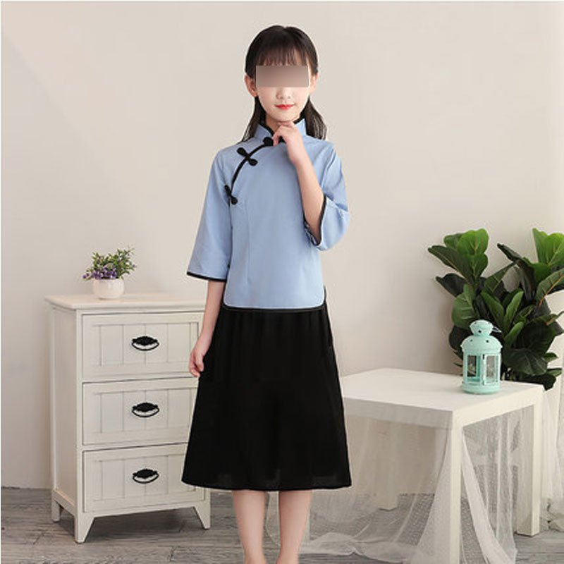 六一儿童学生装童装演出服女童古装童装套装大合唱服装可爱小清新女宝宝舞台演出裙子套装 170cm(170【建议身高165-170cm】) 蓝色M麻学生装