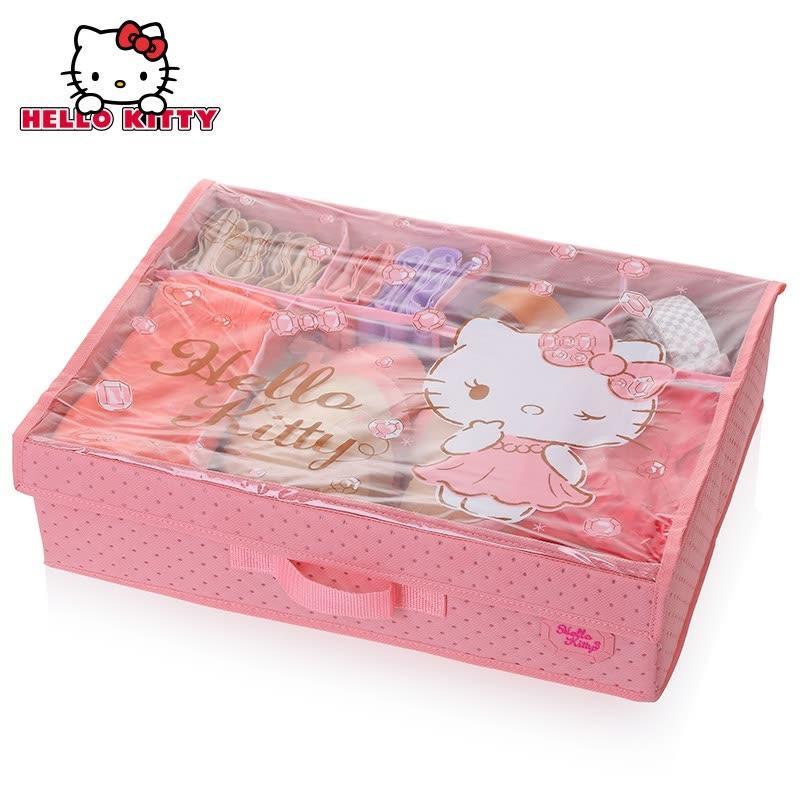 Hellokitty内衣收纳盒内裤文胸储物盒可爱布艺有盖整理收纳盒 粉底+KT图案印花
