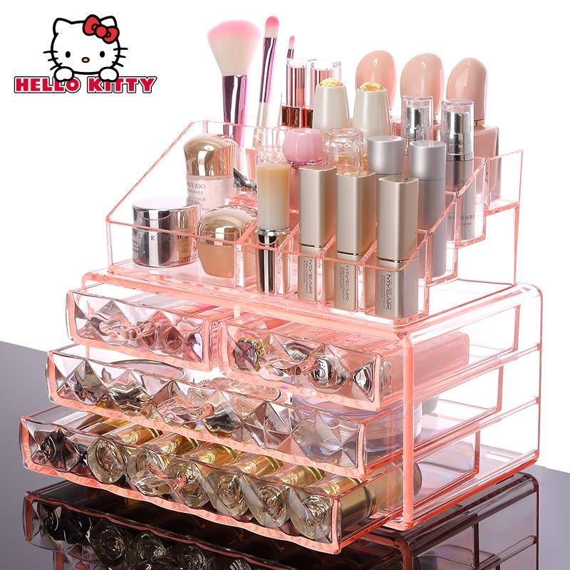 Hellokitty桌面化妆品收纳盒透明塑料桌面口红护肤品收纳盒_6 普通四层透明粉