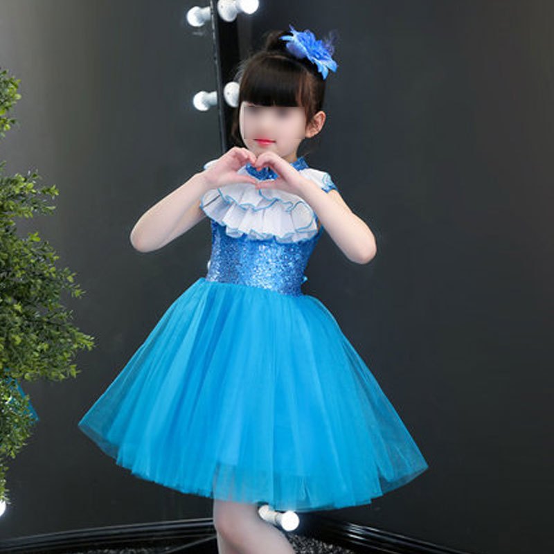 六一儿童演出服装女蓬蓬纱裙幼儿园跳舞蹈小学生合唱表演服男童被太苦套装演出服简约婴童套装 150cm 胸花裙蓝色女童