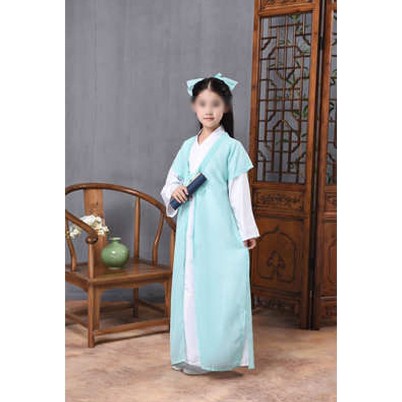 儿童三字经弟子规国学书童演出服男女童古装汉服古代舞台表演服装春秋夏季女孩子古装裙子 170cm 浅绿女款