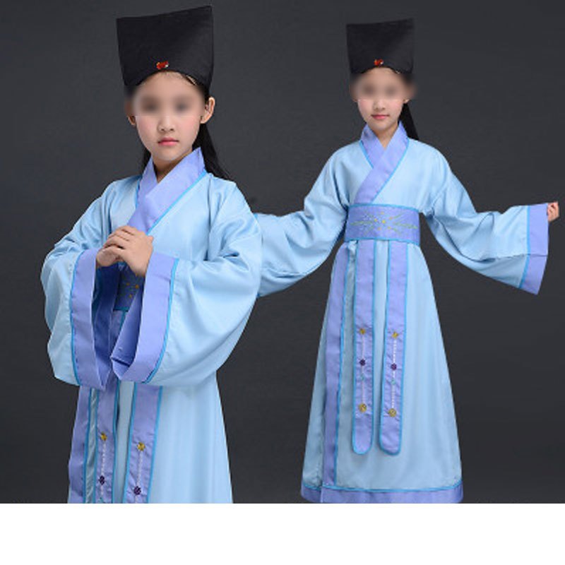 古代儿童汉服国学书童男童民族古装中小学生三字经弟子规演出服装男孩子女孩子春秋夏季表演套装 140cm 浅蓝色