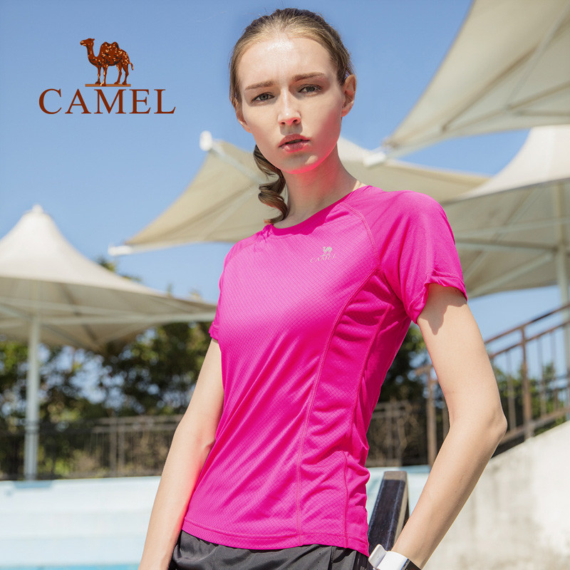 CAMEL骆驼运动T恤男 透气速干轻薄情侣款短袖跑步上衣女夏 XL 亮玫红
