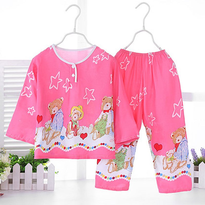 宝宝睡衣套装夏季绵绸儿童卡通空调服男童女孩中大童家居服通用简约小清新婴童小朋友套装 80cm(60码适合80cm) 定位粉熊