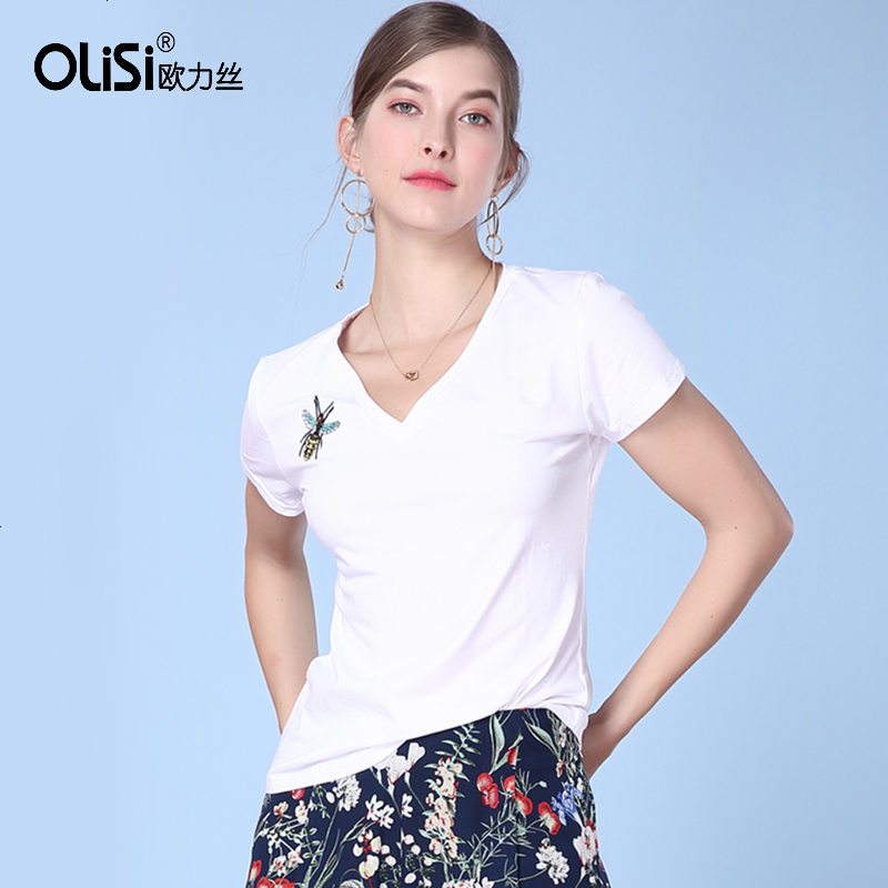 681_OLiSi欧力丝新款纯棉动物个性V领t恤女简约白色体桖衫短袖上衣 XL 白色