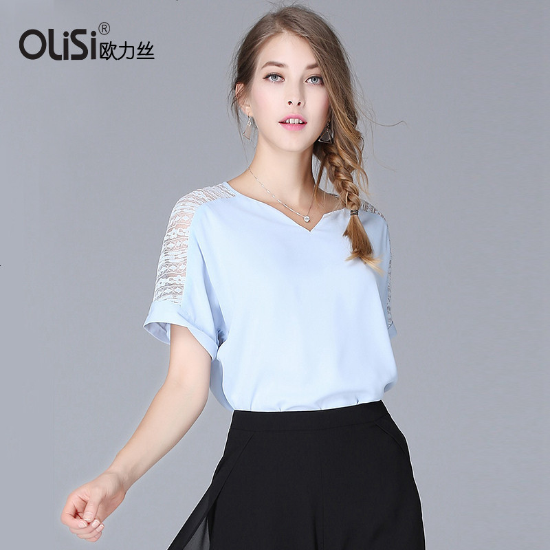 OLiSi欧力丝2017夏季新款女装欧美时尚蕾丝五分袖短袖 XL 蓝色