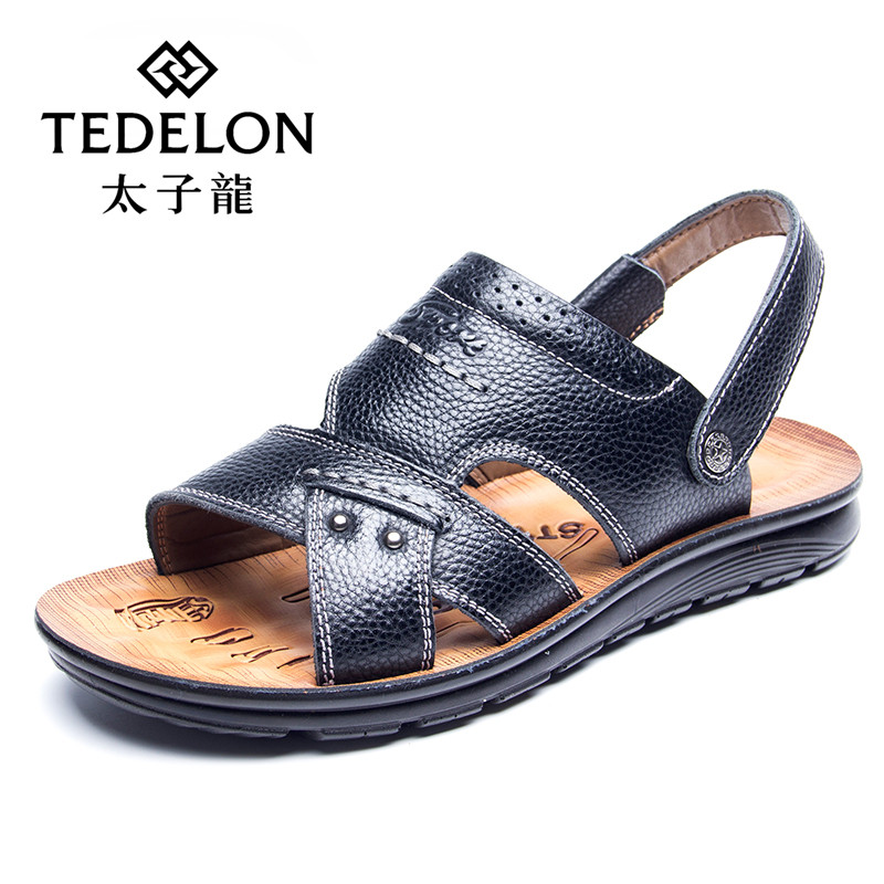 太子龍(TEDELONENERGY)凉鞋男士真皮沙滩鞋夏季防滑透气舒适软底户外洞洞鞋a1811 黑色 43码