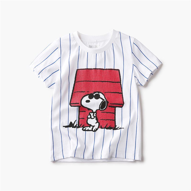 snoopy/史努比2018夏新款男女童装卡通条纹印花纯棉T恤_1 110cm(110（A类）) 蓝灰竖条