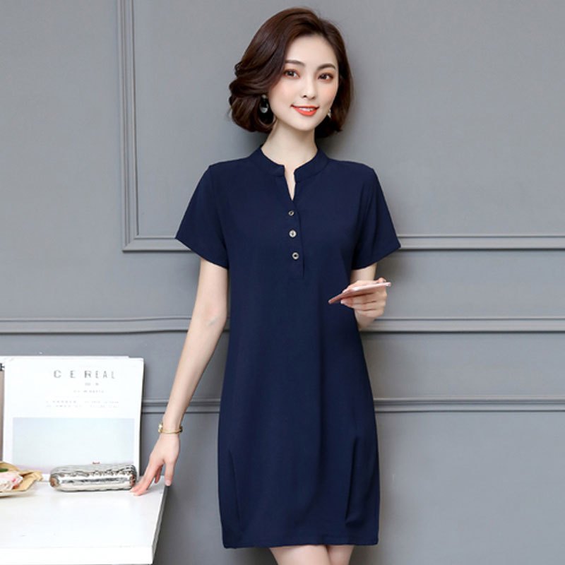 简妮薇T恤中长款女2018夏季大码女装胖妹妹小清新短袖连衣裙宽松胖mm200斤A字裙 4XL 宝蓝色