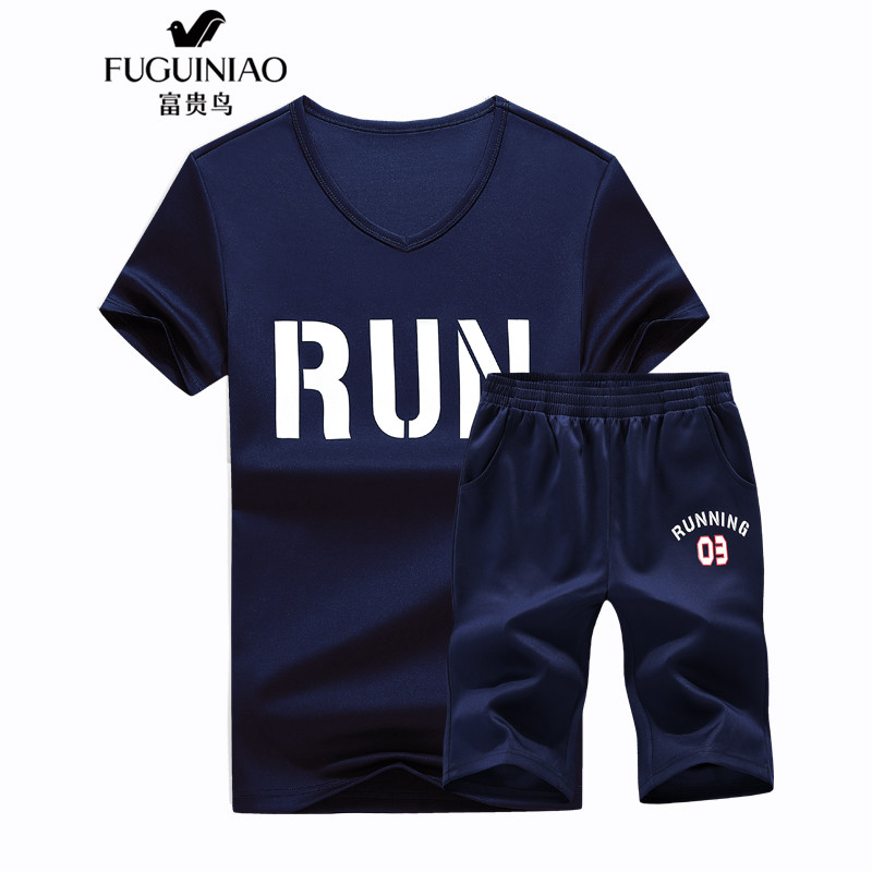 富贵鸟(FUGUINIAO)短袖T恤男两件套男装时尚潮流短袖休闲修身短袖套装男 FG804 4XL 蓝色