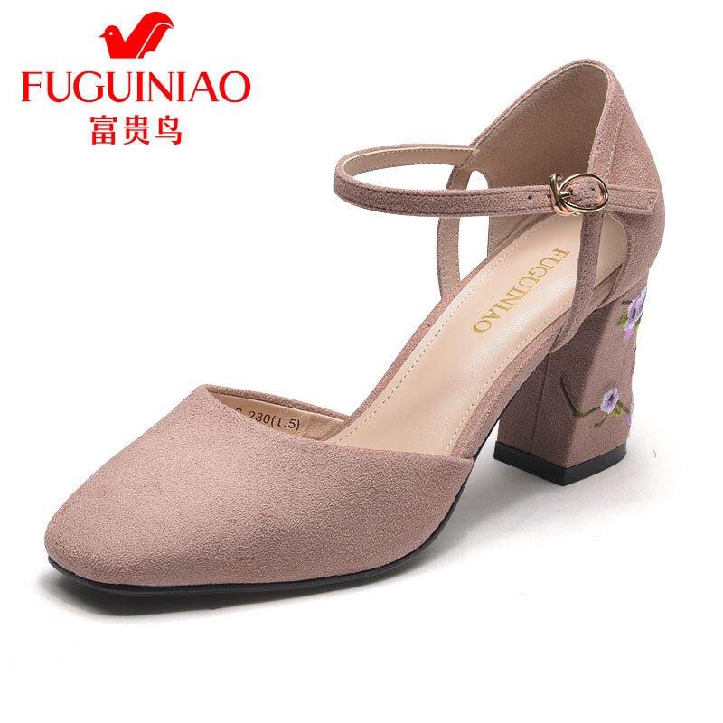 富贵鸟（FUGUINIAO）2018春季新品高跟鞋粗跟时尚绣花单鞋女方头高跟民族风女鞋浅口 浅粉 35