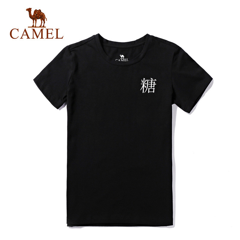 CAMEL 骆驼2018新款骆驼运动T恤情侣款 透气圆领舒适印花短袖男 休闲上衣女夏 M J8S1V6181，黑-1，女款