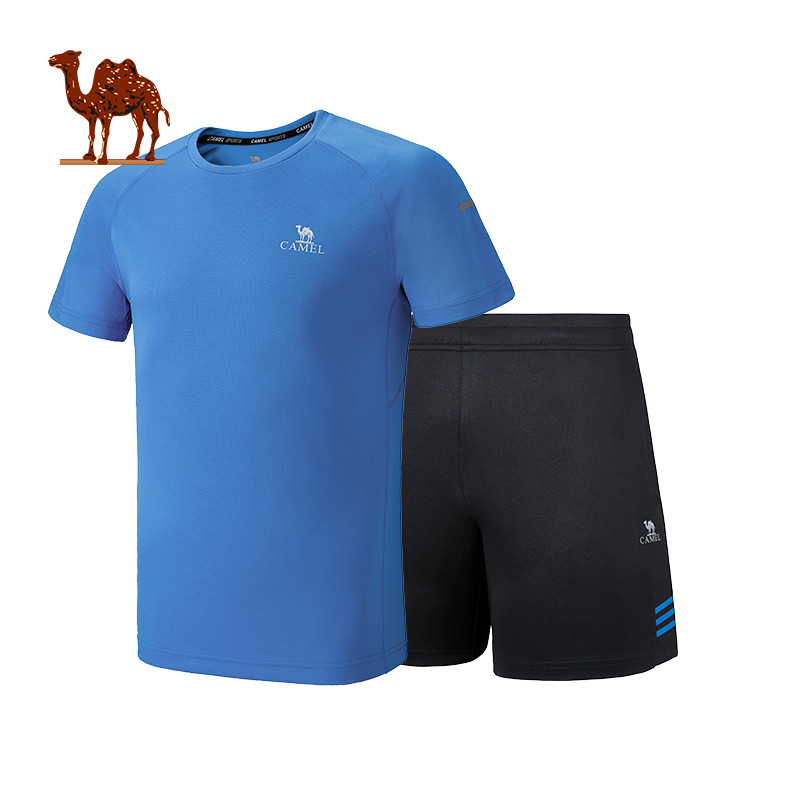 CAMEL骆驼户外速干套装 2018夏季新款男款跑步健身训练紧身衣短裤短袖速干两件套装 XL 彩蓝