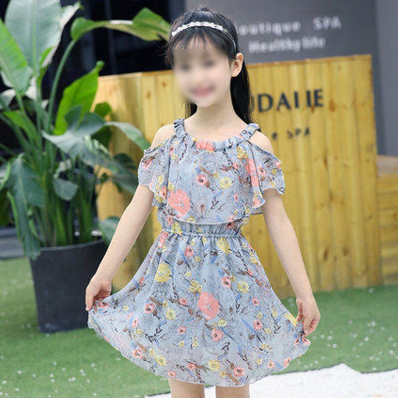 童装女童夏装洋气雪纺吊带儿童连衣裙女孩韩版纱裙简约小清新婴童裙子小女孩短袖连衣裙 140cm(140码推荐130CM身高选) 灰色-碎花雪纺裙