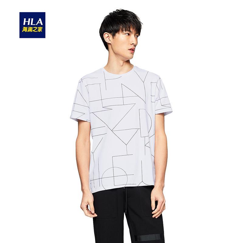 HLA海澜之家黑白线条短袖T恤2018夏季新品满身花纹短袖T恤男HNTBJ2E025A_1 180/96A/XL 漂白花纹25