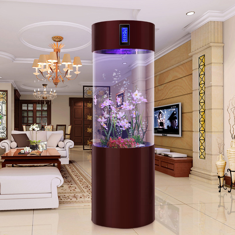 dishun圆柱鱼缸水族箱客厅中小型家用底滤亚克力创意圆形鱼缸落地60