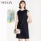 NEELLY/纳俪2018新款夏装纯色条纹无袖显瘦性感收腰中长裙连衣裙_1 M 藏青色