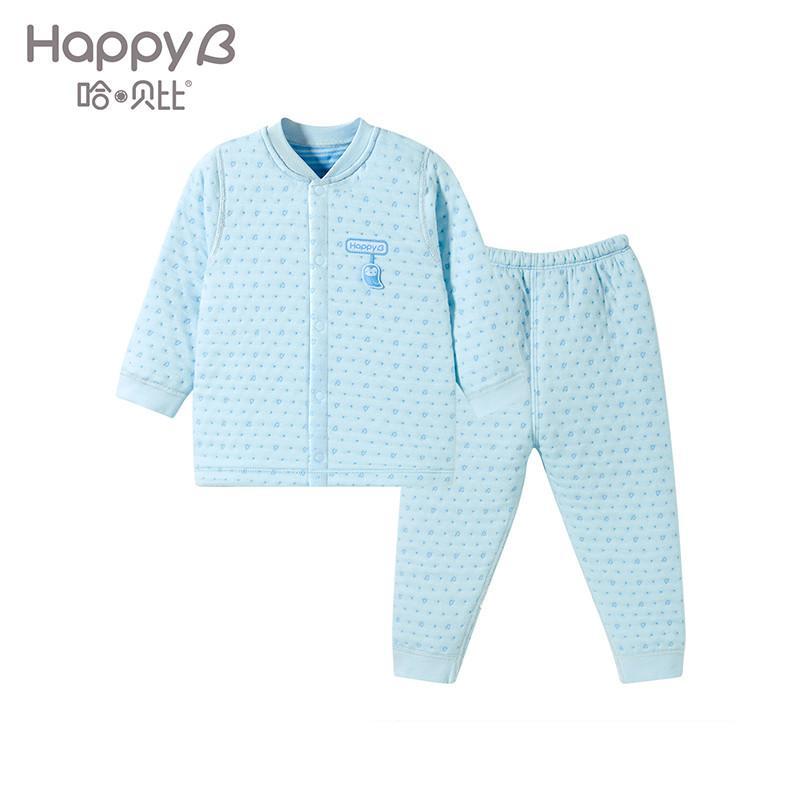 哈贝比（happyB）童装婴儿衣服宝宝套装冬装保暖婴幼儿男女宝宝保暖内衣上衣长裤 60(3-6月) 粉蓝色夹丝前开套装