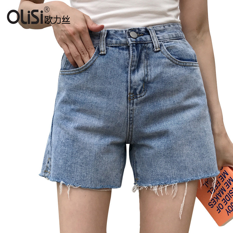 欧力丝OLISI女装牛仔短裤纯色时尚侧开叉设计优雅高腰显瘦短裤牛仔裤 L 蓝色