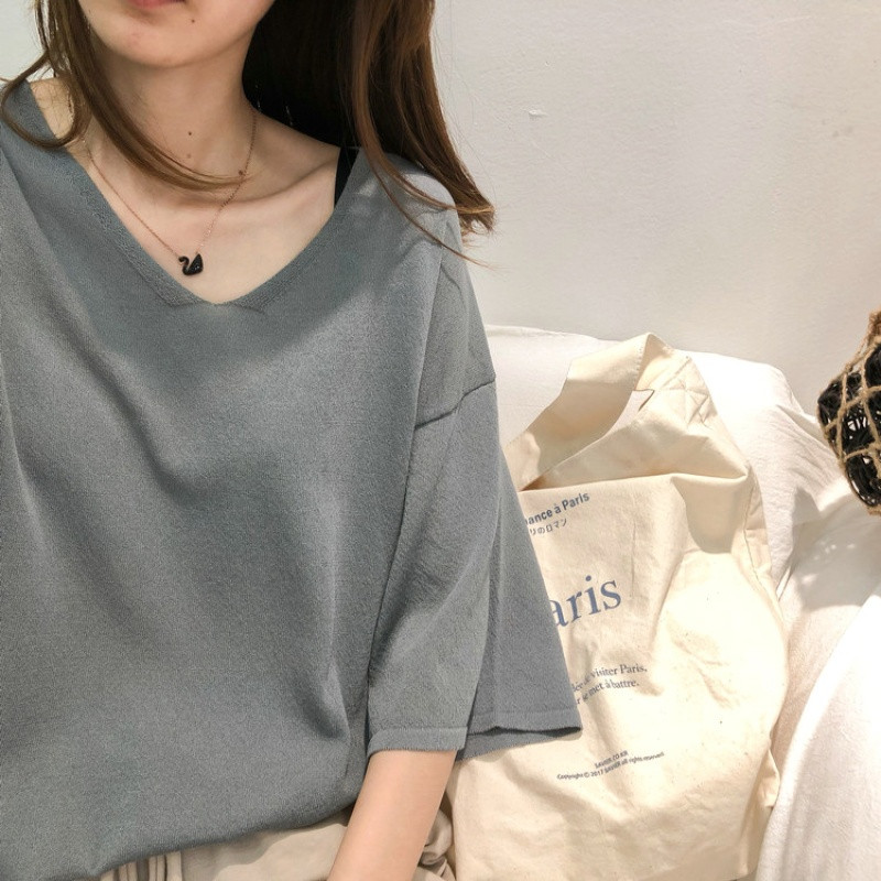 夏季薄款宽松显瘦V领短袖T恤女韩版糖果色透气垂感冰丝针织打底衫 均码 灰蓝色