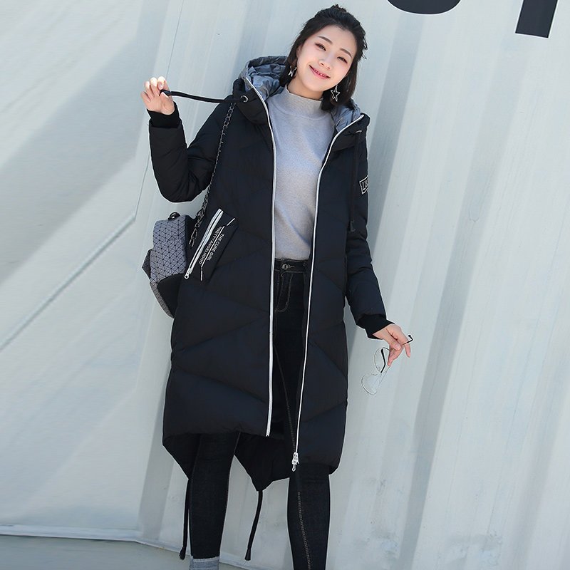 千仞岗2017秋冬新品羽绒服女中长款连帽宽松大码抽绳羽绒服219285 160/S 魔力黑
