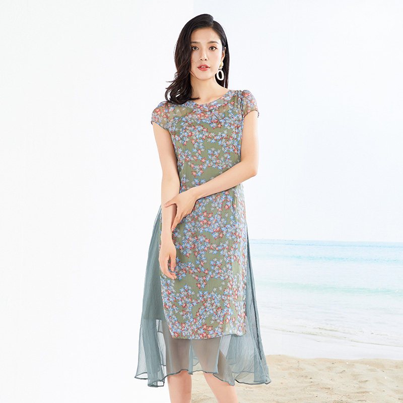千仞岗2018春夏新品短袖甜美收腰连衣裙两件套碎花中长裙238531 165/M 511草木绿