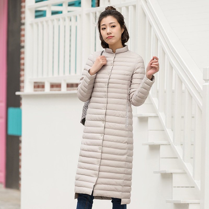 千仞岗2018春季新品羽绒服女中长款轻薄h版显瘦立领单排扣219033 170/L 水晶灰88003