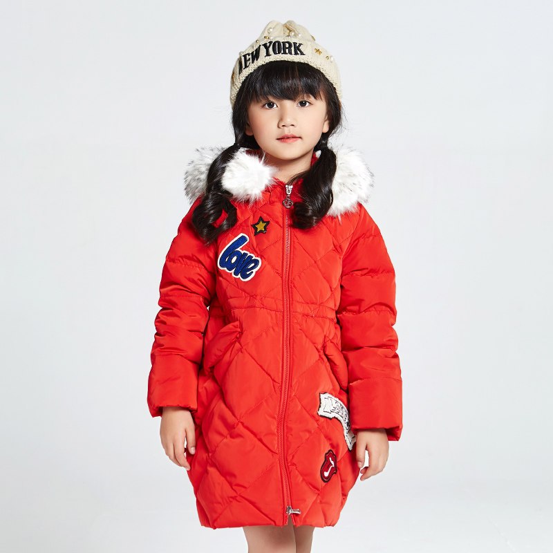 千仞岗2018秋冬新品童装羽绒服带毛领中长款连帽韩版女童装219853 110cm 活力红104