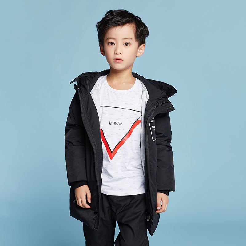千仞岗2017新品童装羽绒服男贴布大眼睛印花连帽中长款外套229872 140cm 005魔力黑