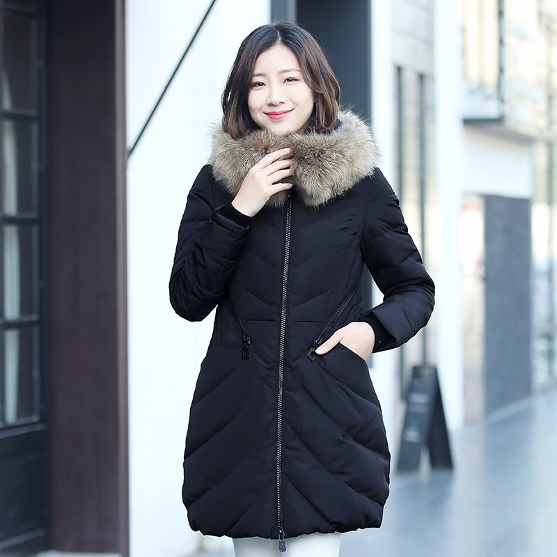 千仞岗2017秋冬新品羽绒服女装连帽貉子毛领修身大码外套219276 185/3XL 魔力黑005