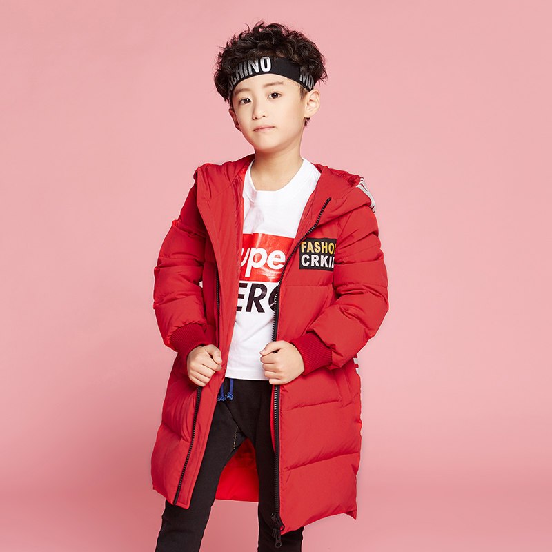 千仞岗秋冬新款童装羽绒服男宽松加厚中长款连帽外套男229866 130cm 104活力红