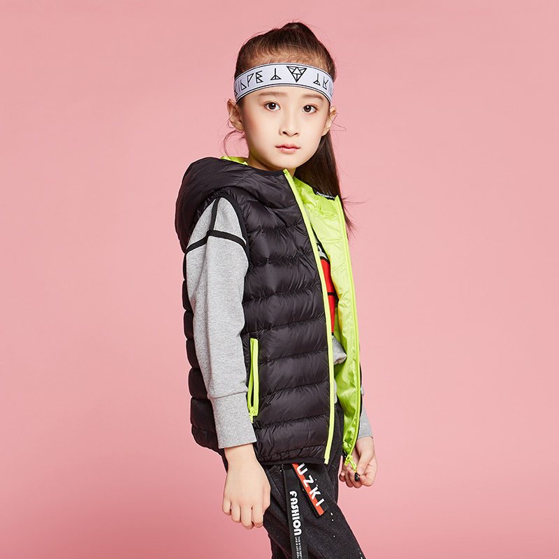 千仞岗2017秋冬新款童装羽绒服女童男童连帽撞色羽绒马甲229801 110cm 005魔力黑