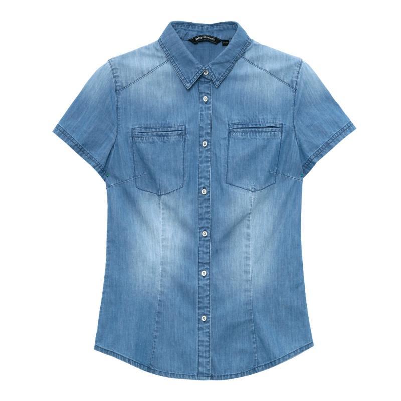 美特斯邦威女牛仔衬衫夏装女牛仔短袖衬衫225506 155/80A/S 中蓝色
