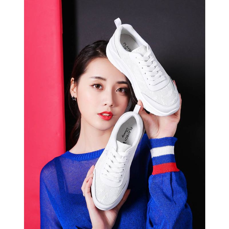 花花公子2018新款运动时尚休闲鞋厚底潮单鞋运动跑步鞋女 白色 37码