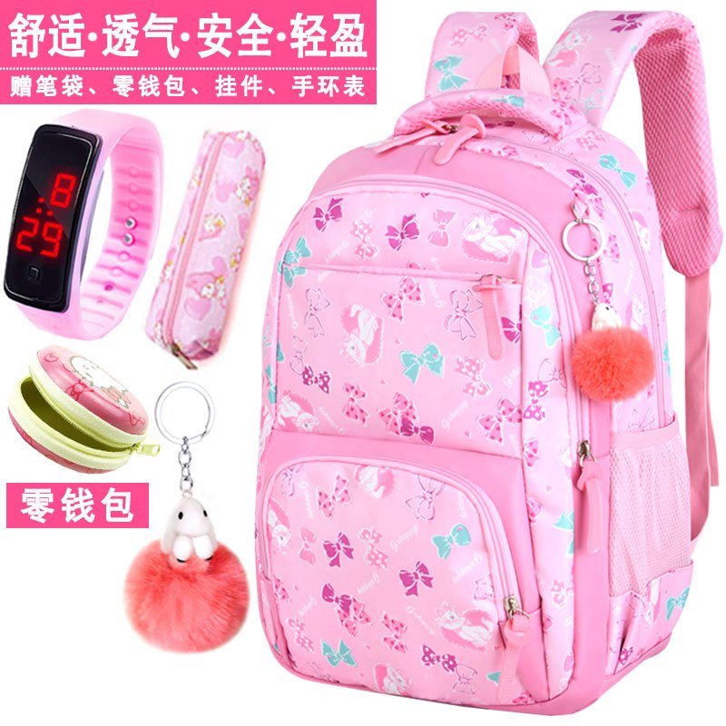 儿童双肩包韩版小学生书包女生1-3-5-4-6一年级减负女孩6-12周岁_1 浅粉色蝴蝶猫咪背包手环表笔袋零钱包