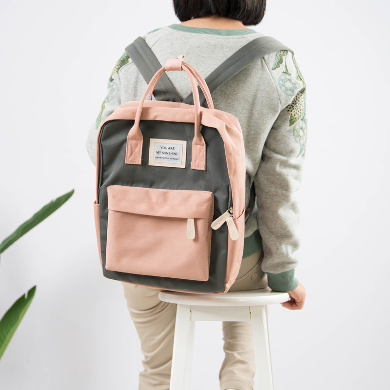 森系复古拼接学生书包休闲手提两用女高中大学生韩版潮背包小清新_3 粉灰色