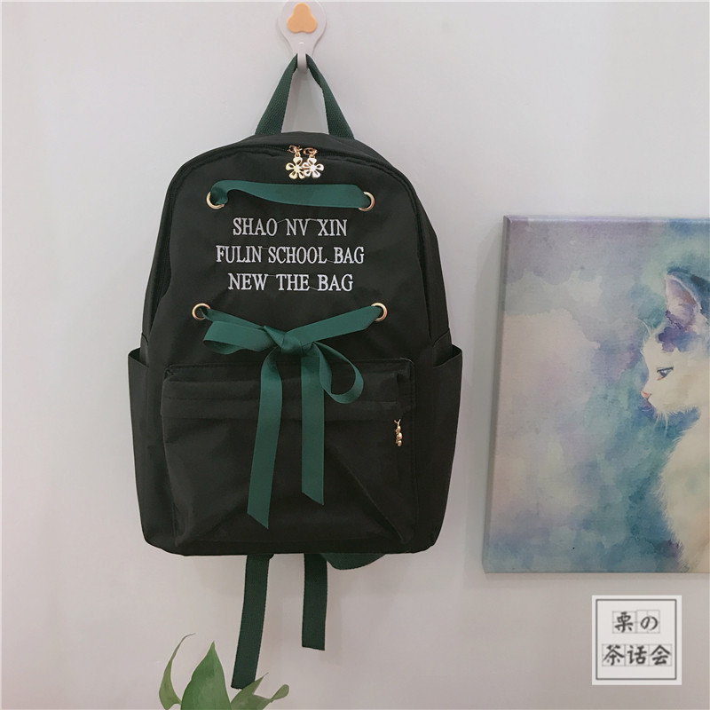 少女心刺绣软妹双肩包日系学院风女生背包森系文艺小清新学生书包_25 黑色软妹丝带现货发